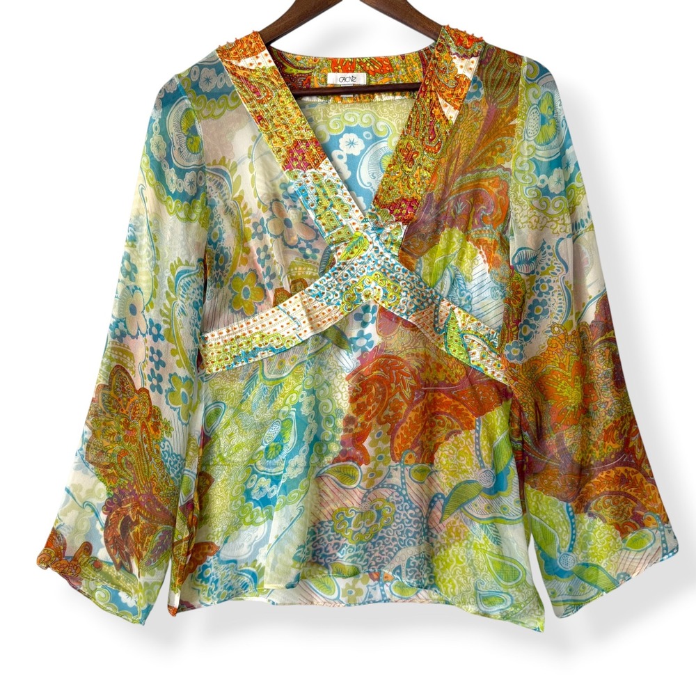 Vtg Cache Blouse 8 M Y2K 90s Paisley Beaded Sheer Bell Sleeve Boho Fairy Whimsy - Picture 2 of 13